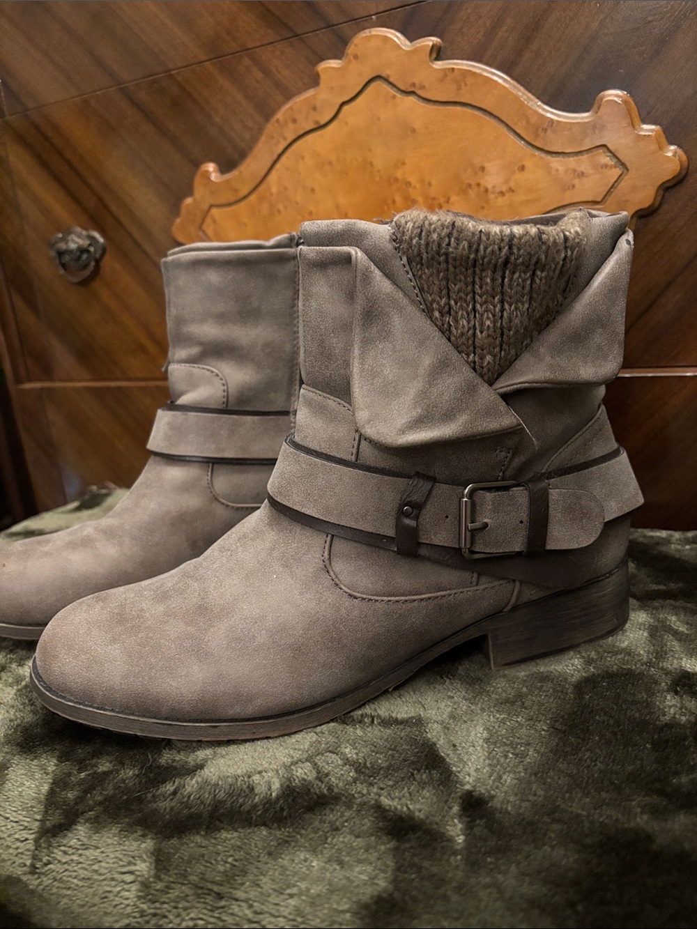 SO Taupe Fold-Over Ankle Boots with Knit Cuff and Buckle Strap